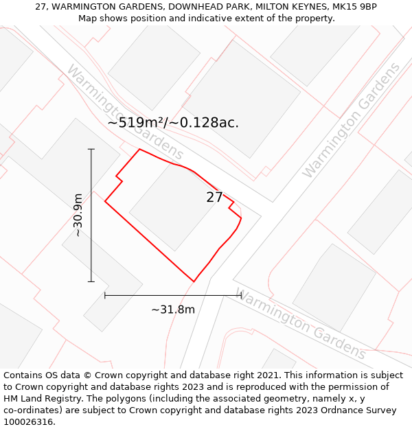 27, WARMINGTON GARDENS, DOWNHEAD PARK, MILTON KEYNES, MK15 9BP: Plot and title map