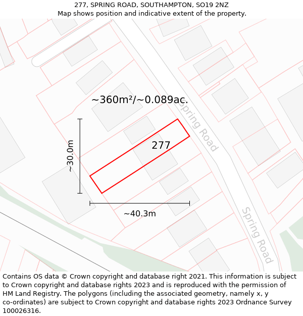 277, SPRING ROAD, SOUTHAMPTON, SO19 2NZ: Plot and title map