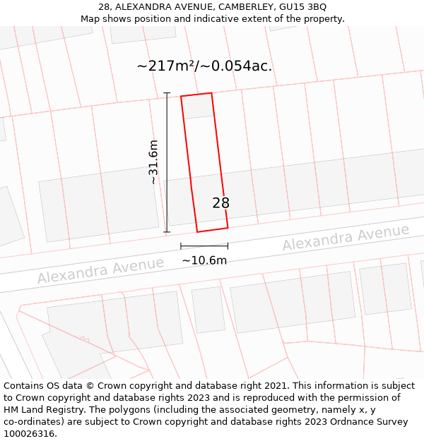 28, ALEXANDRA AVENUE, CAMBERLEY, GU15 3BQ: Plot and title map