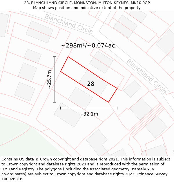 28, BLANCHLAND CIRCLE, MONKSTON, MILTON KEYNES, MK10 9GP: Plot and title map