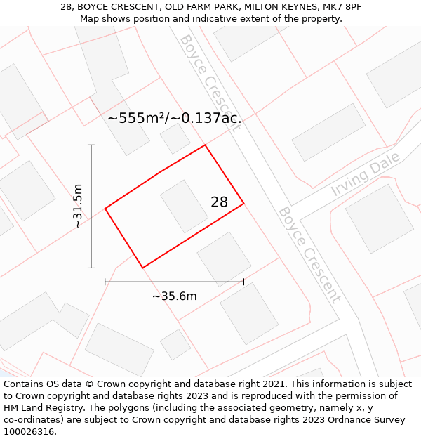 28, BOYCE CRESCENT, OLD FARM PARK, MILTON KEYNES, MK7 8PF: Plot and title map