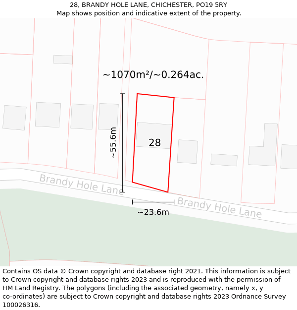 28, BRANDY HOLE LANE, CHICHESTER, PO19 5RY: Plot and title map