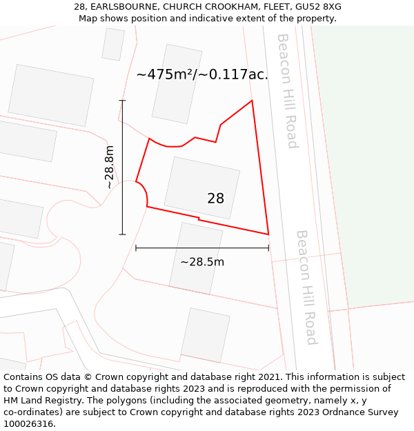 28, EARLSBOURNE, CHURCH CROOKHAM, FLEET, GU52 8XG: Plot and title map