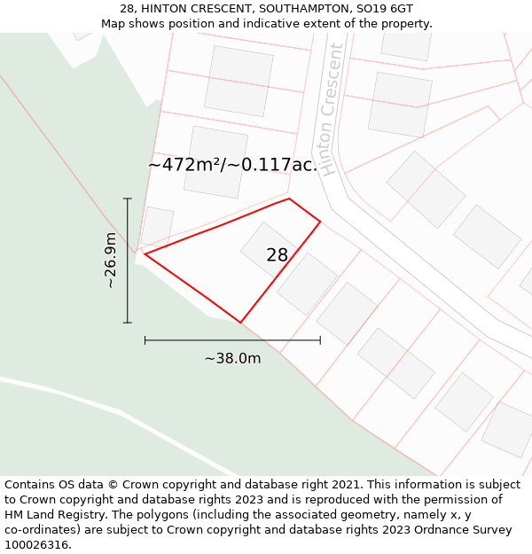 28, HINTON CRESCENT, SOUTHAMPTON, SO19 6GT: Plot and title map