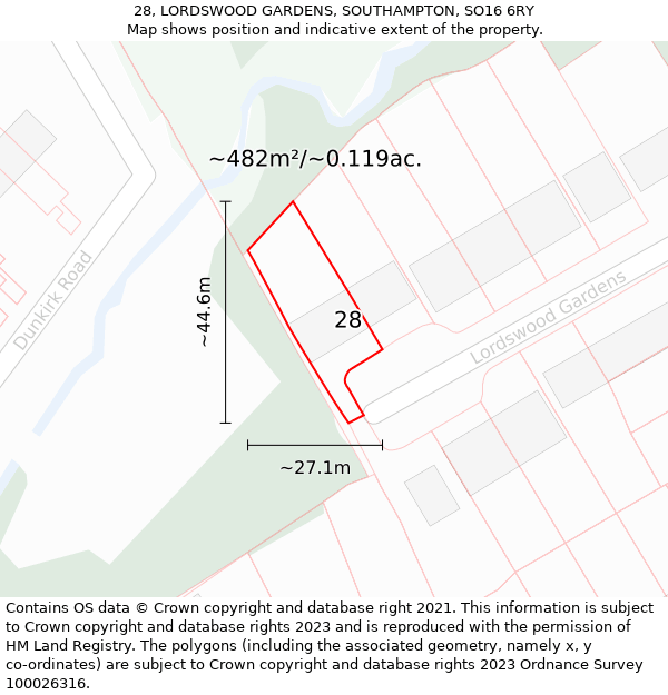 28, LORDSWOOD GARDENS, SOUTHAMPTON, SO16 6RY: Plot and title map