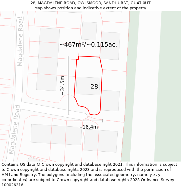 28, MAGDALENE ROAD, OWLSMOOR, SANDHURST, GU47 0UT: Plot and title map