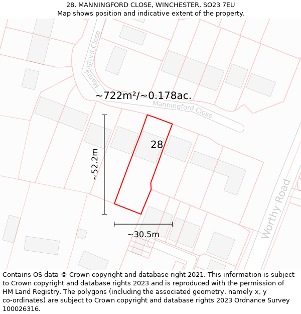 28, MANNINGFORD CLOSE, WINCHESTER, SO23 7EU: Plot and title map