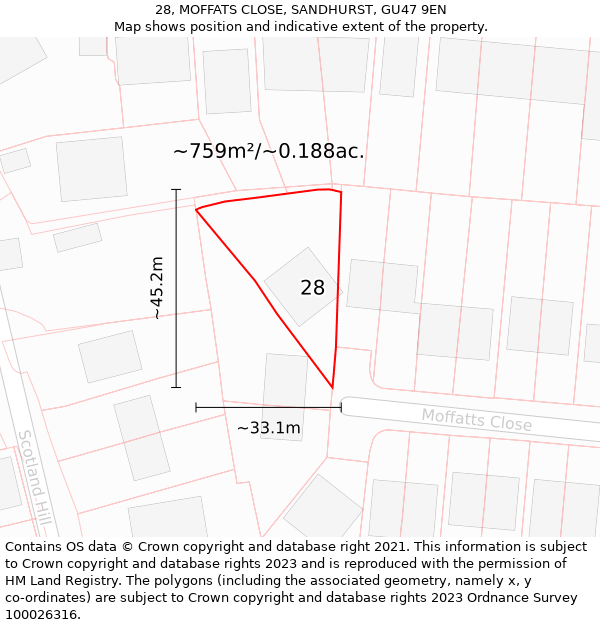 28, MOFFATS CLOSE, SANDHURST, GU47 9EN: Plot and title map