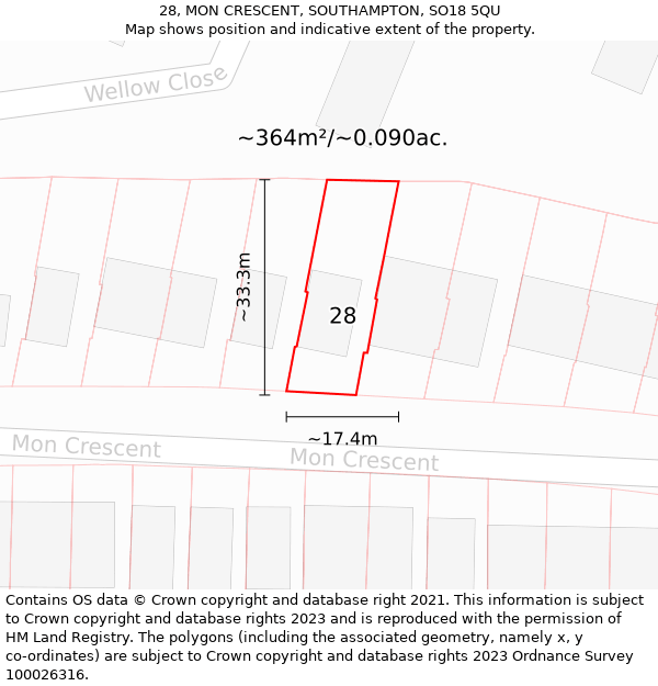 28, MON CRESCENT, SOUTHAMPTON, SO18 5QU: Plot and title map