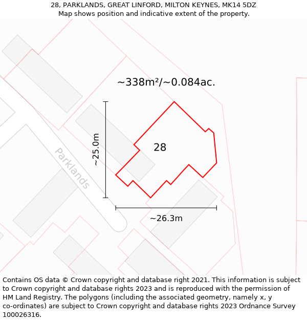 28, PARKLANDS, GREAT LINFORD, MILTON KEYNES, MK14 5DZ: Plot and title map