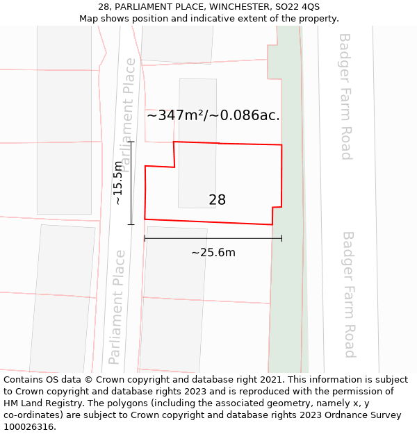 28, PARLIAMENT PLACE, WINCHESTER, SO22 4QS: Plot and title map