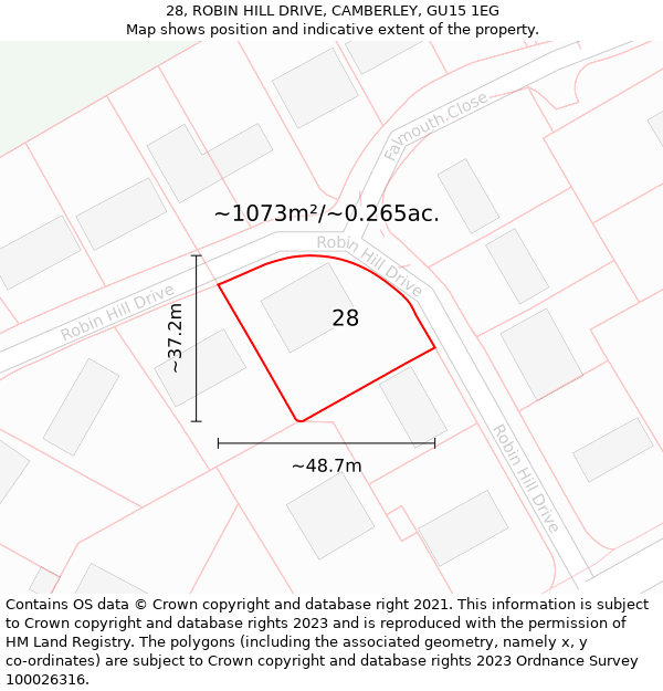 28, ROBIN HILL DRIVE, CAMBERLEY, GU15 1EG: Plot and title map