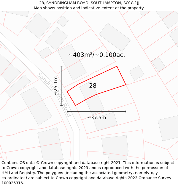 28, SANDRINGHAM ROAD, SOUTHAMPTON, SO18 1JJ: Plot and title map