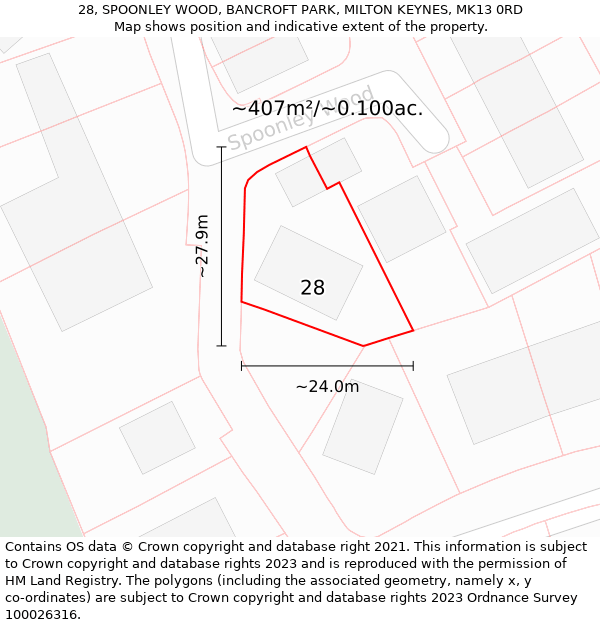 28, SPOONLEY WOOD, BANCROFT PARK, MILTON KEYNES, MK13 0RD: Plot and title map