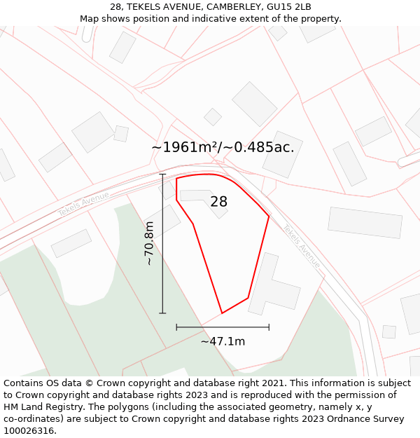 28, TEKELS AVENUE, CAMBERLEY, GU15 2LB: Plot and title map