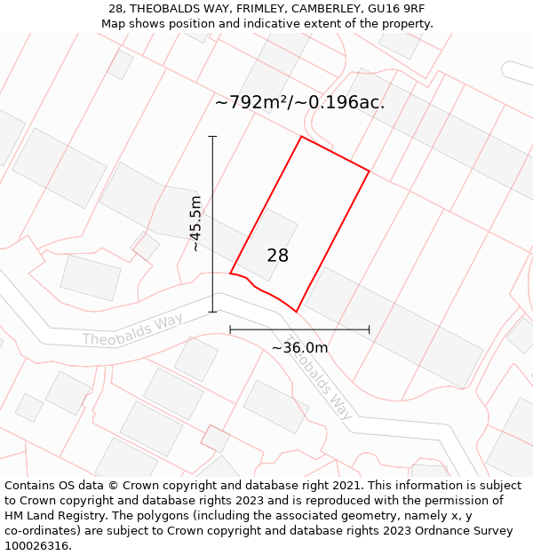 28, THEOBALDS WAY, FRIMLEY, CAMBERLEY, GU16 9RF: Plot and title map