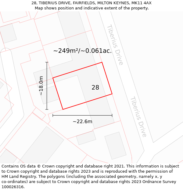 28, TIBERIUS DRIVE, FAIRFIELDS, MILTON KEYNES, MK11 4AX: Plot and title map