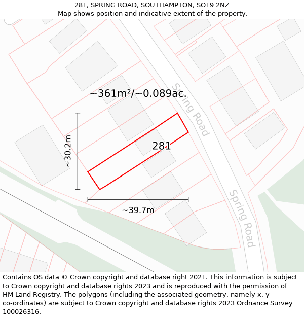 281, SPRING ROAD, SOUTHAMPTON, SO19 2NZ: Plot and title map