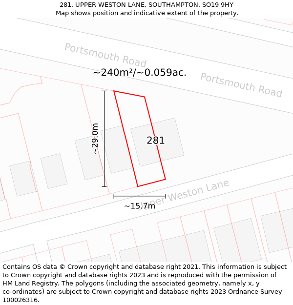 281, UPPER WESTON LANE, SOUTHAMPTON, SO19 9HY: Plot and title map