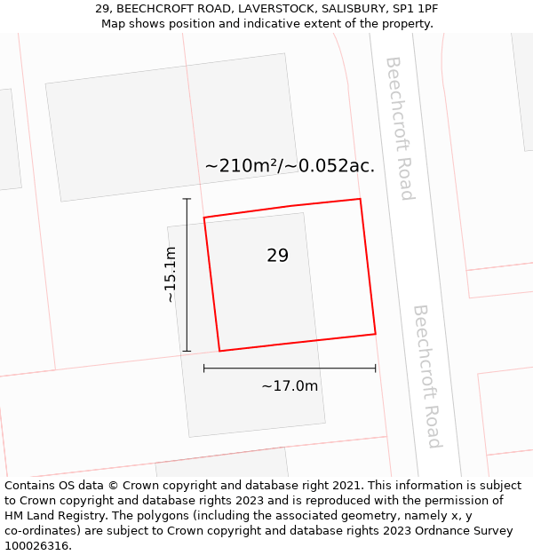 29, BEECHCROFT ROAD, LAVERSTOCK, SALISBURY, SP1 1PF: Plot and title map