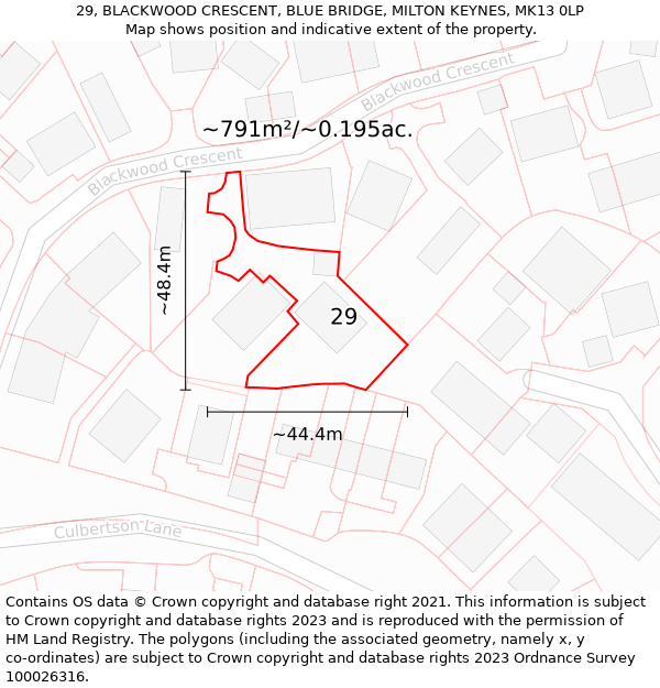 29, BLACKWOOD CRESCENT, BLUE BRIDGE, MILTON KEYNES, MK13 0LP: Plot and title map