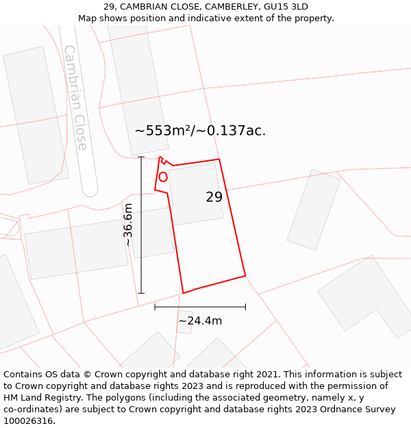 29, CAMBRIAN CLOSE, CAMBERLEY, GU15 3LD: Plot and title map