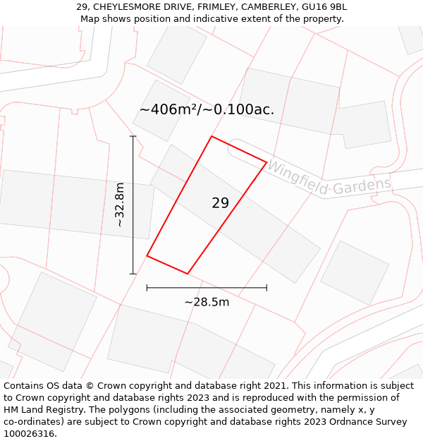 29, CHEYLESMORE DRIVE, FRIMLEY, CAMBERLEY, GU16 9BL: Plot and title map