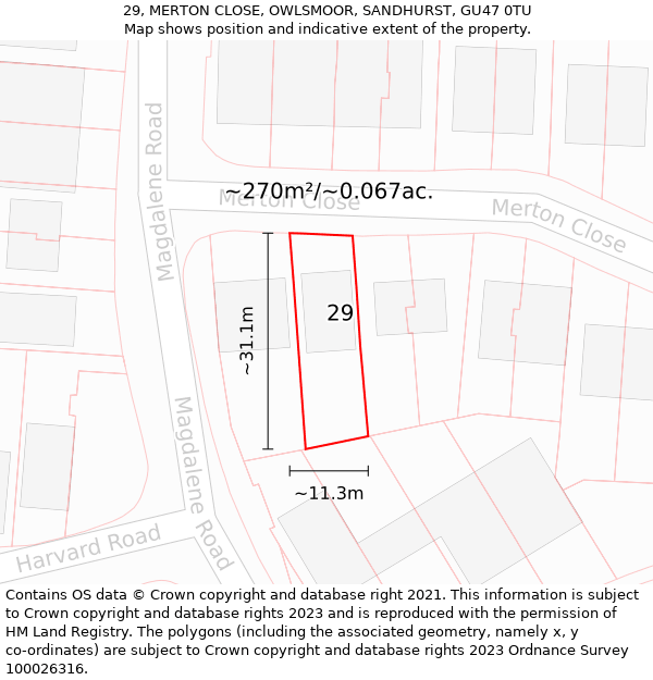 29, MERTON CLOSE, OWLSMOOR, SANDHURST, GU47 0TU: Plot and title map