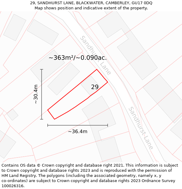 29, SANDHURST LANE, BLACKWATER, CAMBERLEY, GU17 0DQ: Plot and title map