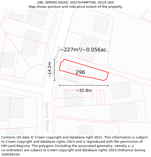 296, SPRING ROAD, SOUTHAMPTON, SO19 2NX: Plot and title map