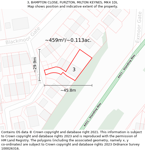 3, BAMPTON CLOSE, FURZTON, MILTON KEYNES, MK4 1DL: Plot and title map