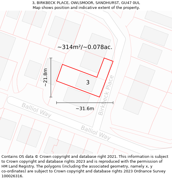 3, BIRKBECK PLACE, OWLSMOOR, SANDHURST, GU47 0UL: Plot and title map