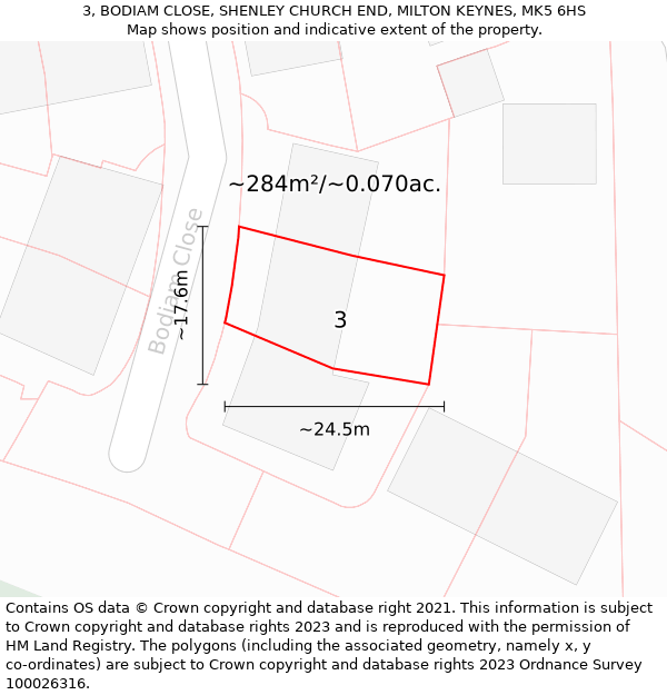 3, BODIAM CLOSE, SHENLEY CHURCH END, MILTON KEYNES, MK5 6HS: Plot and title map