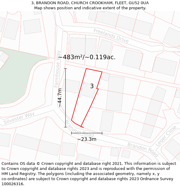 3, BRANDON ROAD, CHURCH CROOKHAM, FLEET, GU52 0UA: Plot and title map
