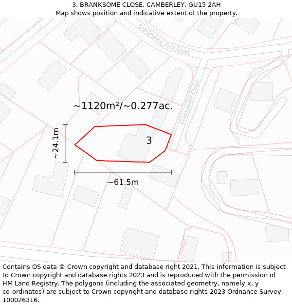 3, BRANKSOME CLOSE, CAMBERLEY, GU15 2AH: Plot and title map