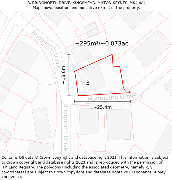 3, BRIDGNORTH DRIVE, KINGSMEAD, MILTON KEYNES, MK4 4AJ: Plot and title map