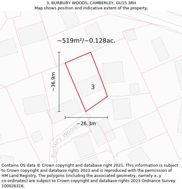 3, BURBURY WOODS, CAMBERLEY, GU15 3RH: Plot and title map