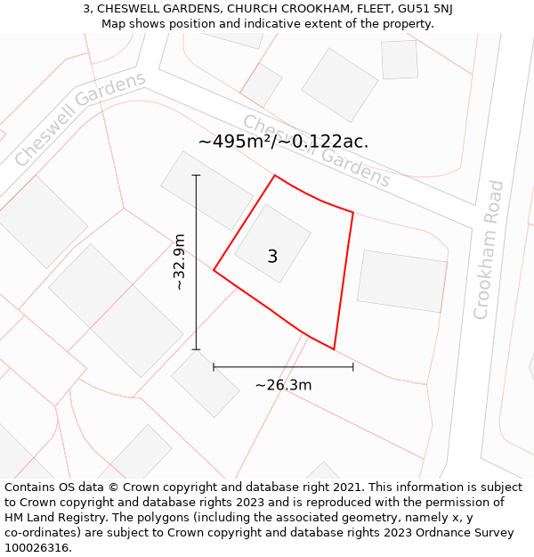 3, CHESWELL GARDENS, CHURCH CROOKHAM, FLEET, GU51 5NJ: Plot and title map