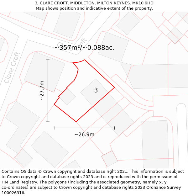 3, CLARE CROFT, MIDDLETON, MILTON KEYNES, MK10 9HD: Plot and title map