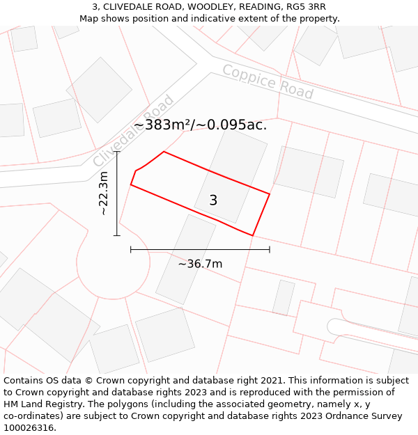 3, CLIVEDALE ROAD, WOODLEY, READING, RG5 3RR: Plot and title map