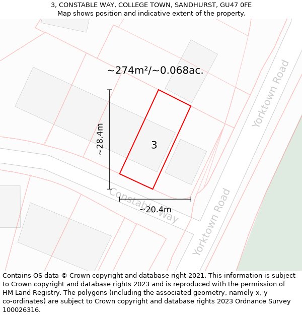 3, CONSTABLE WAY, COLLEGE TOWN, SANDHURST, GU47 0FE: Plot and title map