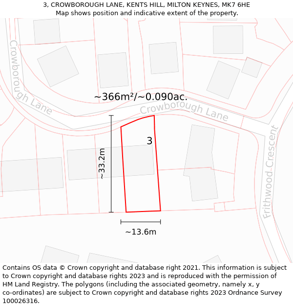 3, CROWBOROUGH LANE, KENTS HILL, MILTON KEYNES, MK7 6HE: Plot and title map