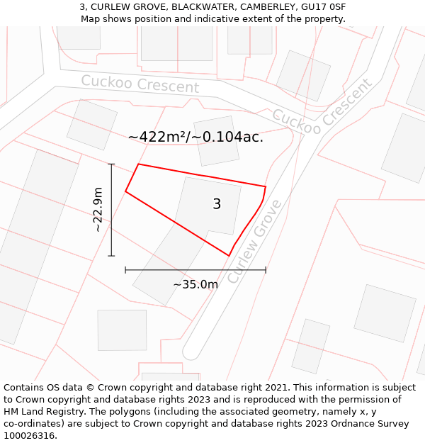 3, CURLEW GROVE, BLACKWATER, CAMBERLEY, GU17 0SF: Plot and title map