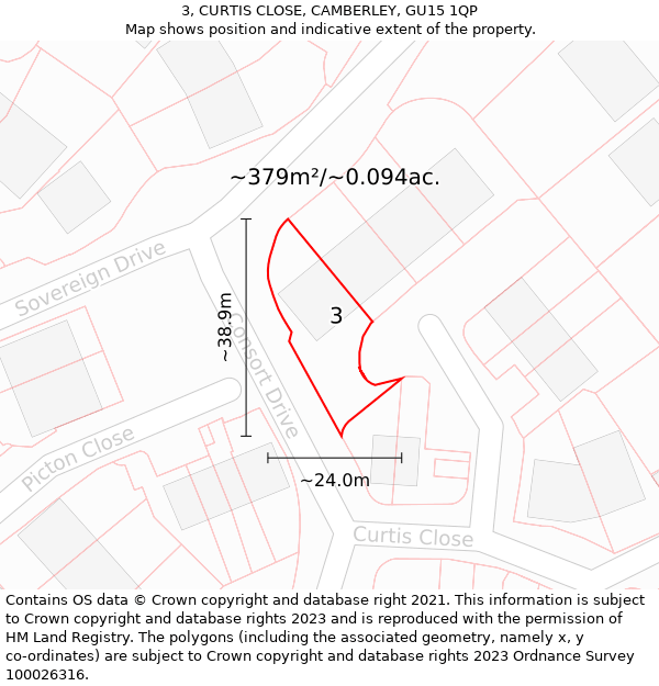 3, CURTIS CLOSE, CAMBERLEY, GU15 1QP: Plot and title map