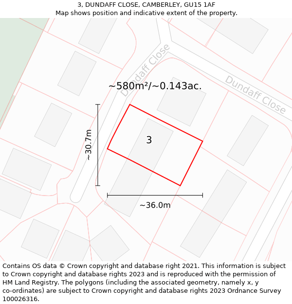 3, DUNDAFF CLOSE, CAMBERLEY, GU15 1AF: Plot and title map