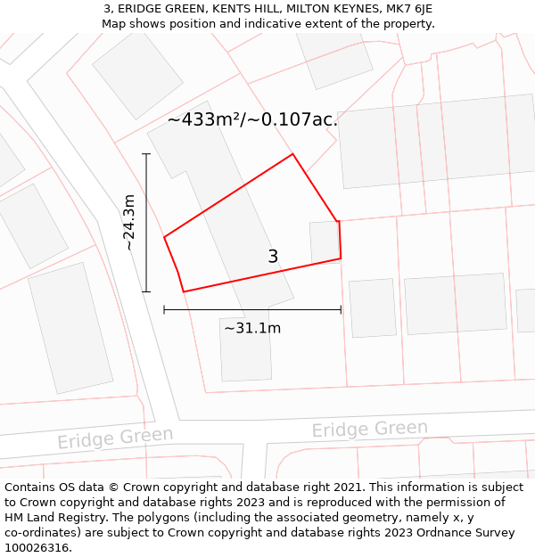 3, ERIDGE GREEN, KENTS HILL, MILTON KEYNES, MK7 6JE: Plot and title map