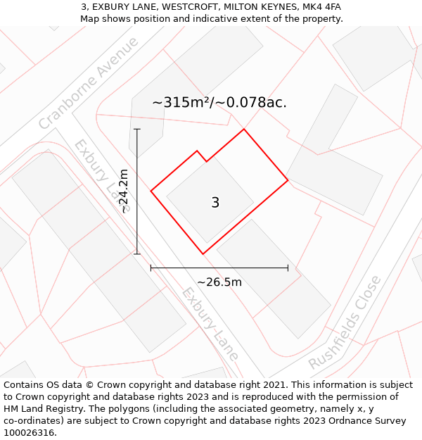 3, EXBURY LANE, WESTCROFT, MILTON KEYNES, MK4 4FA: Plot and title map