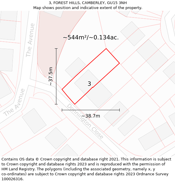 3, FOREST HILLS, CAMBERLEY, GU15 3NH: Plot and title map