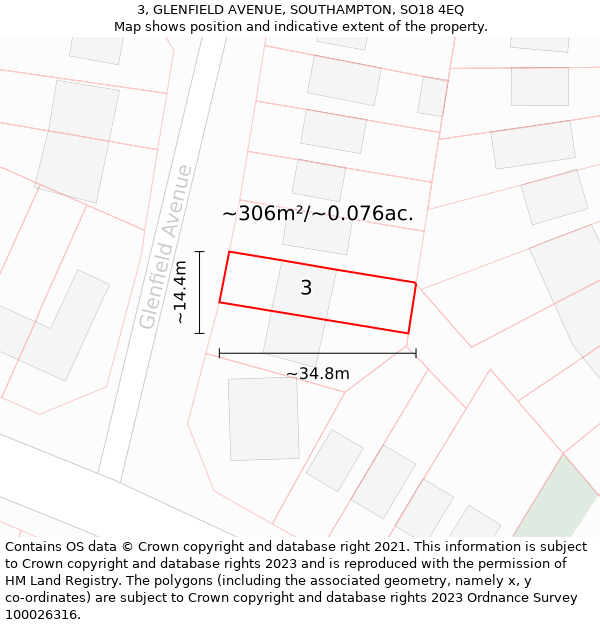 3, GLENFIELD AVENUE, SOUTHAMPTON, SO18 4EQ: Plot and title map