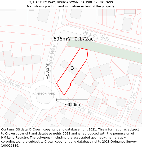 3, HARTLEY WAY, BISHOPDOWN, SALISBURY, SP1 3WS: Plot and title map